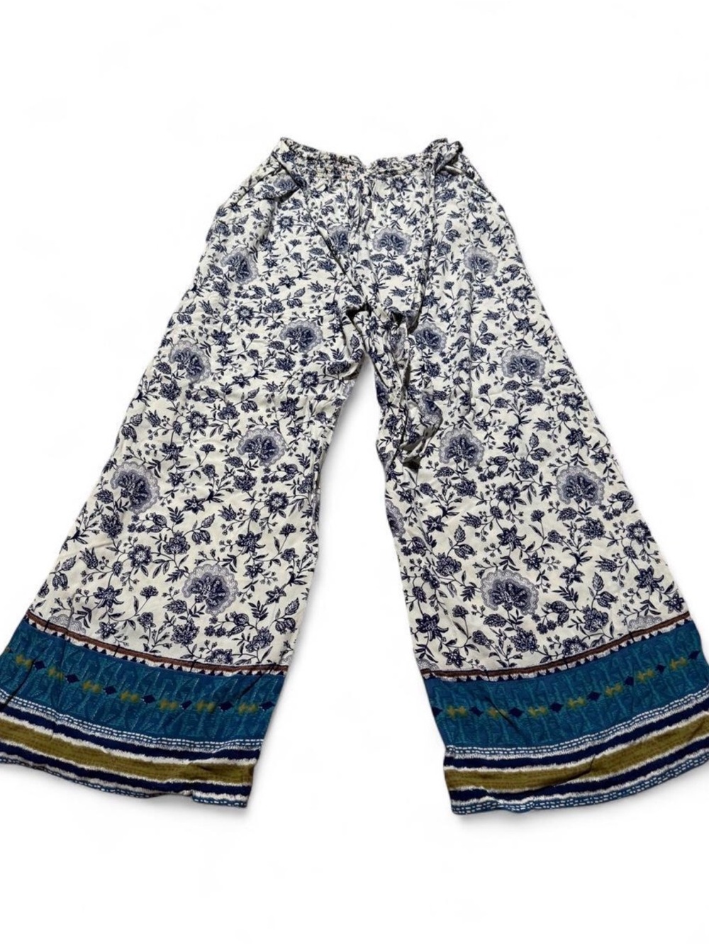 Angie White and Navy Floral Wide-Leg Pants with Blue Border